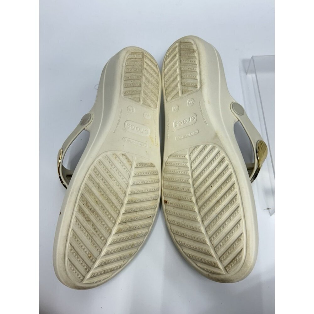 Crocs Sanrah Hammered Circle Gold Cream Wedge Thong Sandal Womens Size 11 - Picture 11 of 12